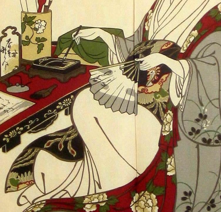 【和風のれん】★浮世絵のれん★硯と女【幅85cm×長さ150cm】この一枚で和風空間に！[和風暖簾/和柄暖簾/外国人土産/ロングのれん]【あす楽対応_関東】【あす楽対応_近畿】【あす楽対応_東海】【あす楽対応_四国】