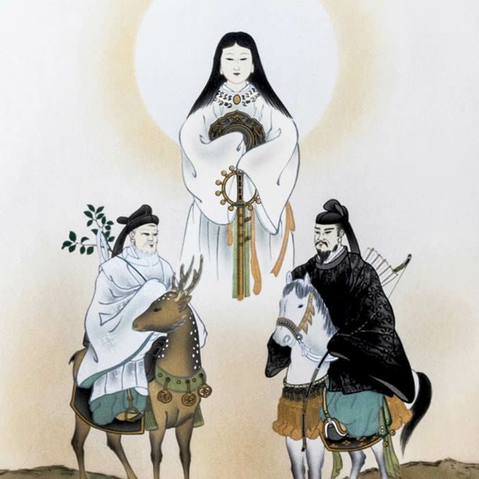 掛け軸【天照皇大神／春日大神／八幡大神 三姿】丈188cm×幅53.5cm(尺五